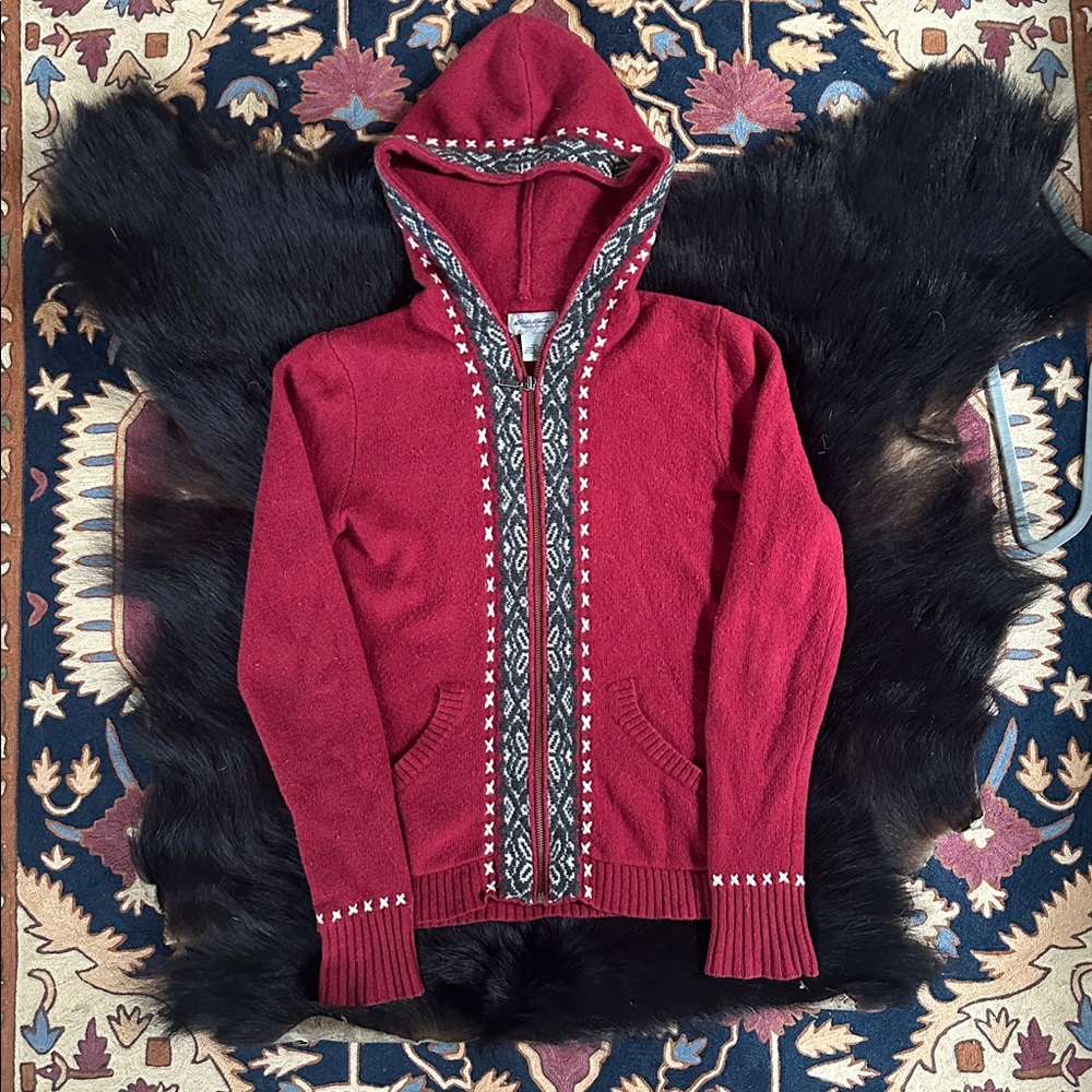 Red Hooded Sweater Scandi Trim